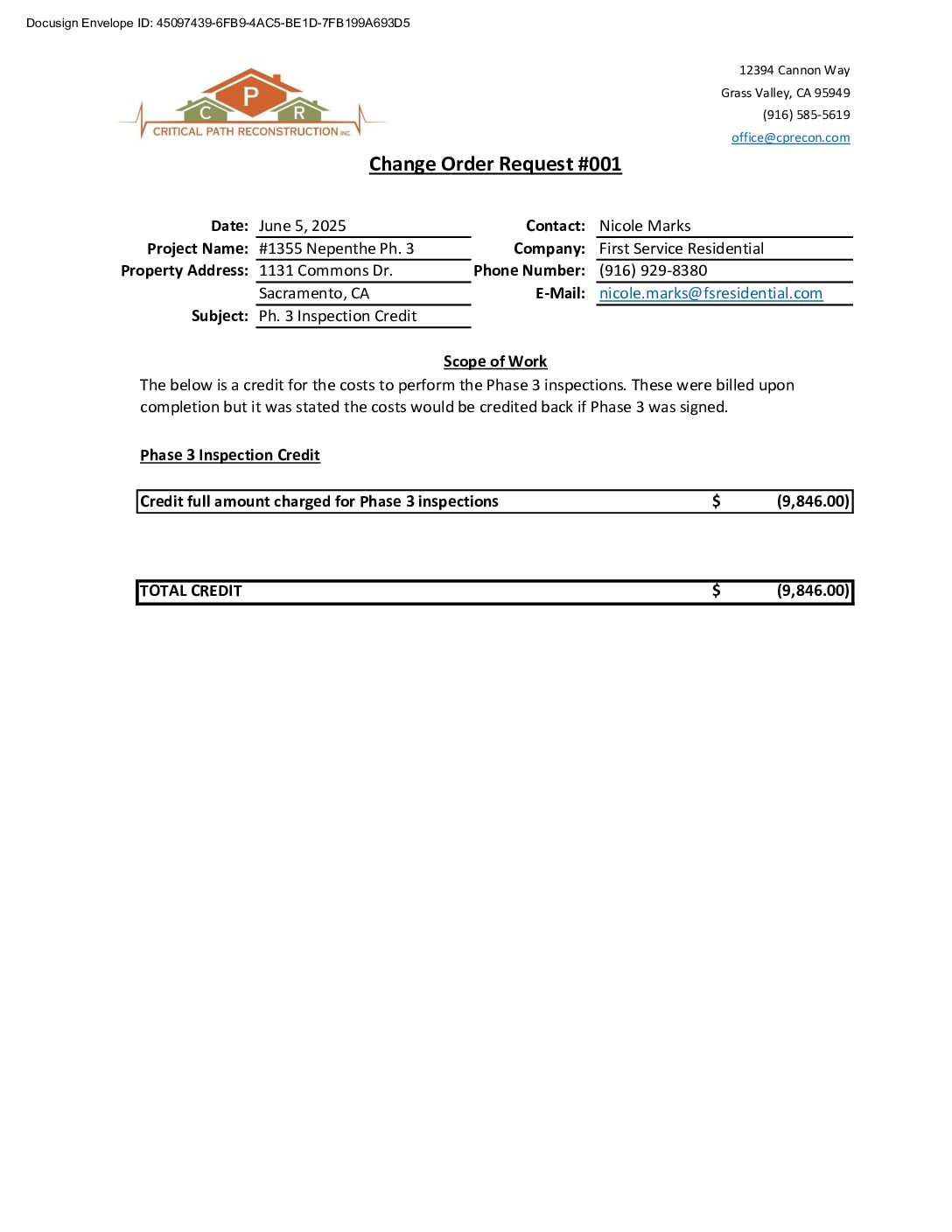 CPR – Phase 3 Change Order – #1