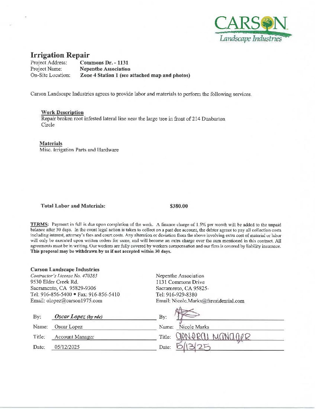 Carson Landscape – Irrigation Repairs – Zone 4, Station 1