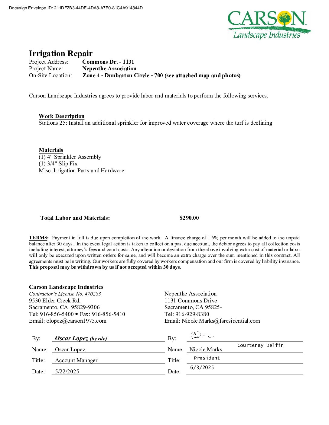 Carson Landscape – Irrigation Repairs – Zone 4, Station 25