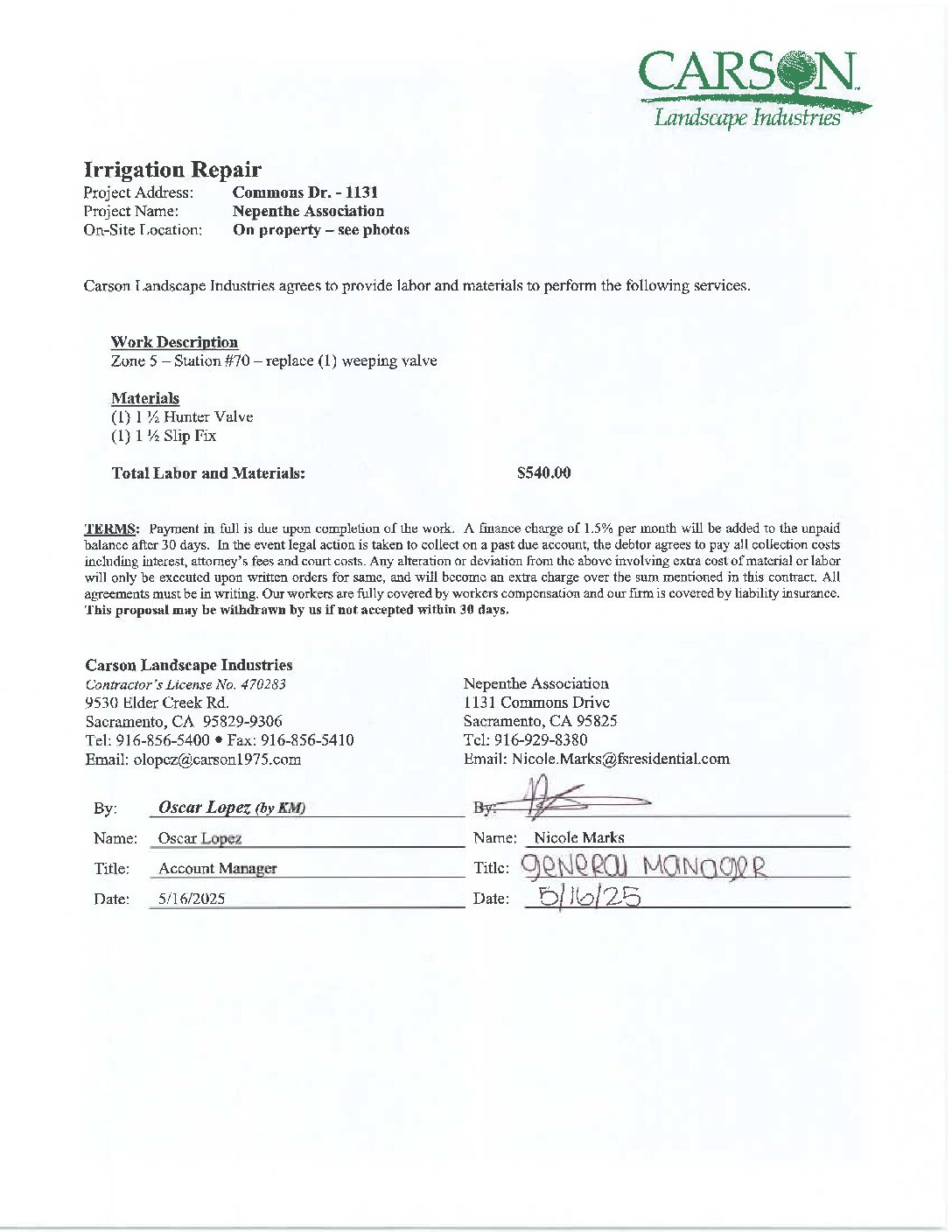 Carson Landscape – Irrigation Repairs – Zone 5, Station 70