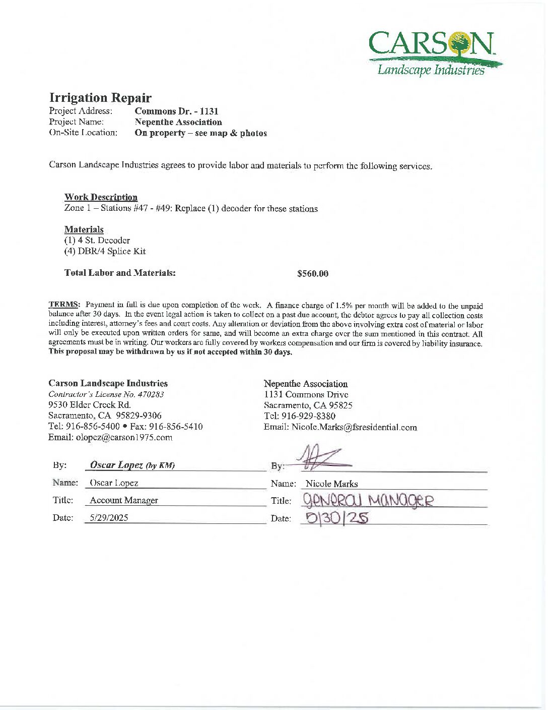 Carson Landscape – Irrigation Repairs – Zone 1, Stations 47-49