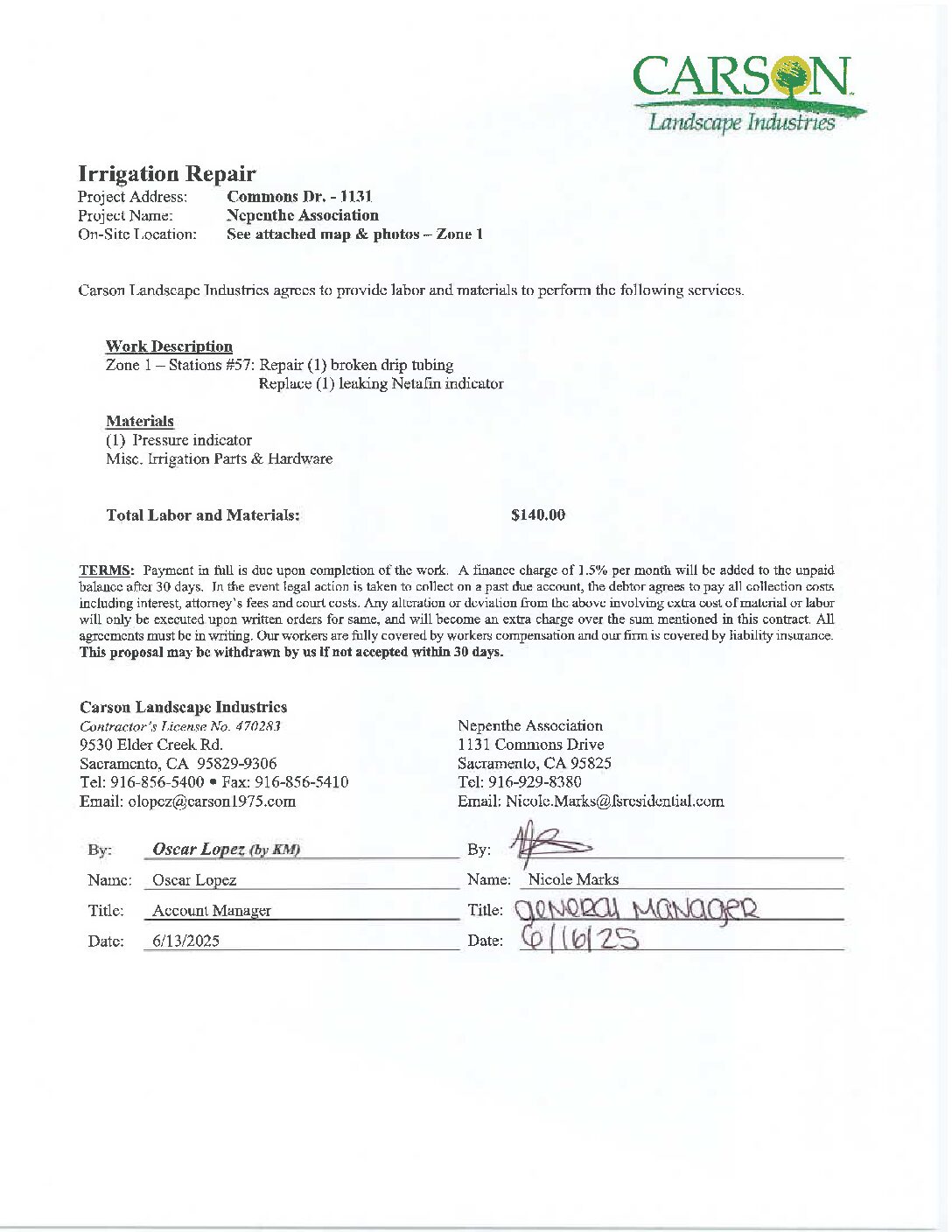 Carson Landscape – Irrigation Repairs – Zone 1, Station 57
