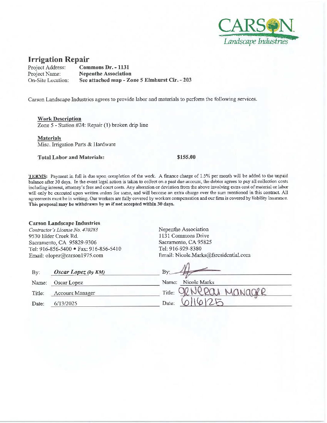 Carson Landscape – Irrigation Repairs – Zone 5, Station 24