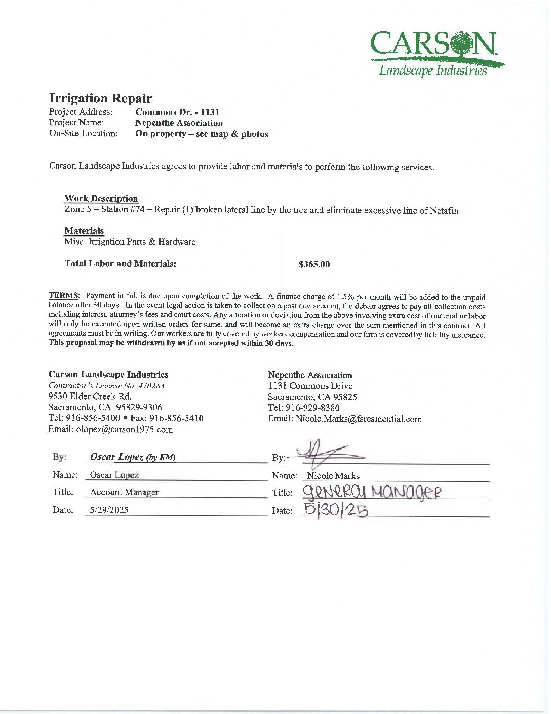 Carson Landscape – Irrigation Repairs – Zone 5, Station 74