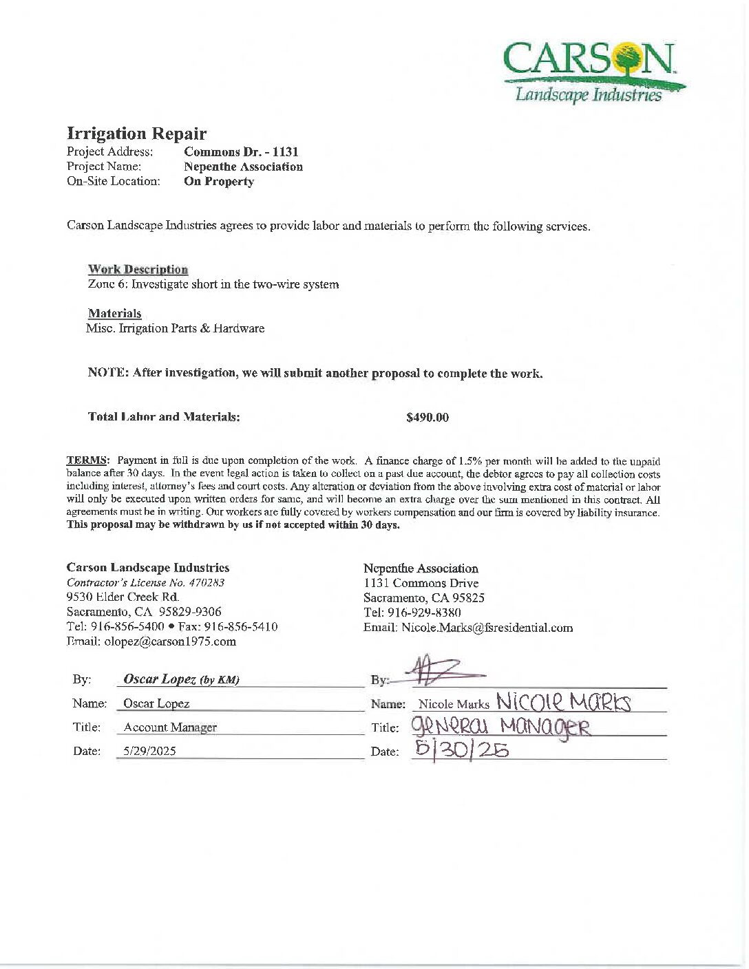 Carson Landscape – Irrigation Repairs – Zone 6 Wire Investigation
