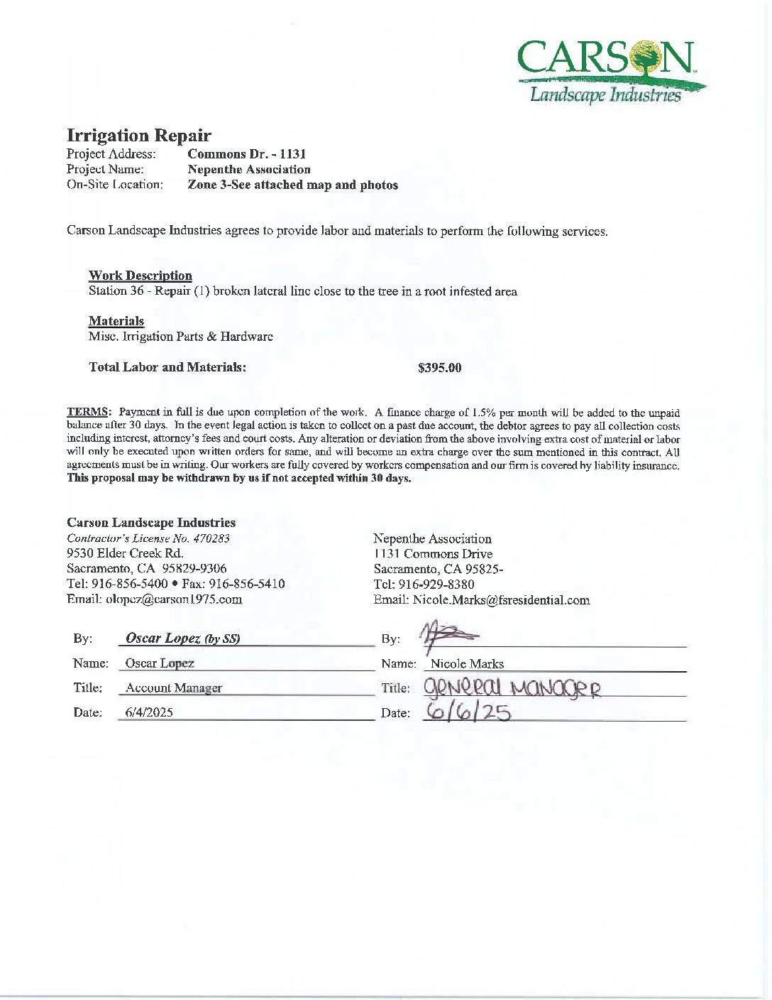 Carson Landscape – Irrigation Repairs – Zone 3, Station 36