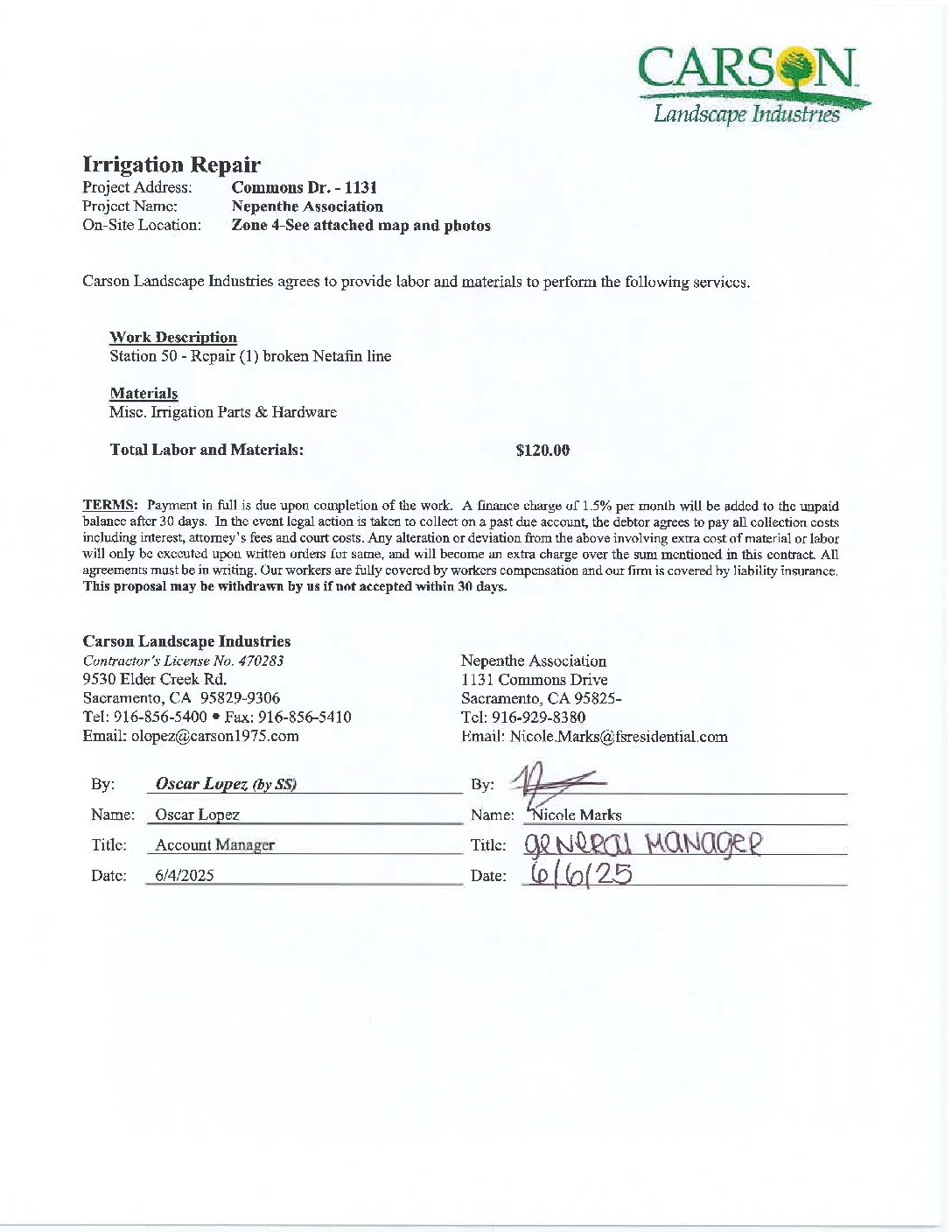 Carson Landscape – Irrigation Repairs – Zone 4, Station 50