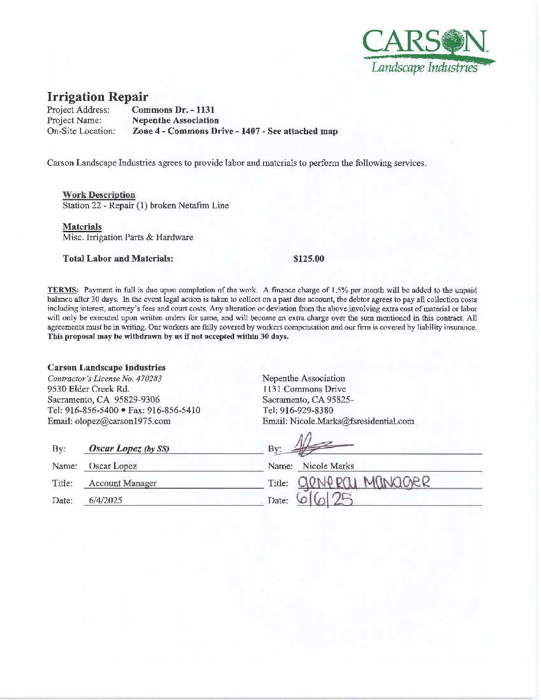 Carson Landscape – Irrigation Repairs – Zone 4, Station 22