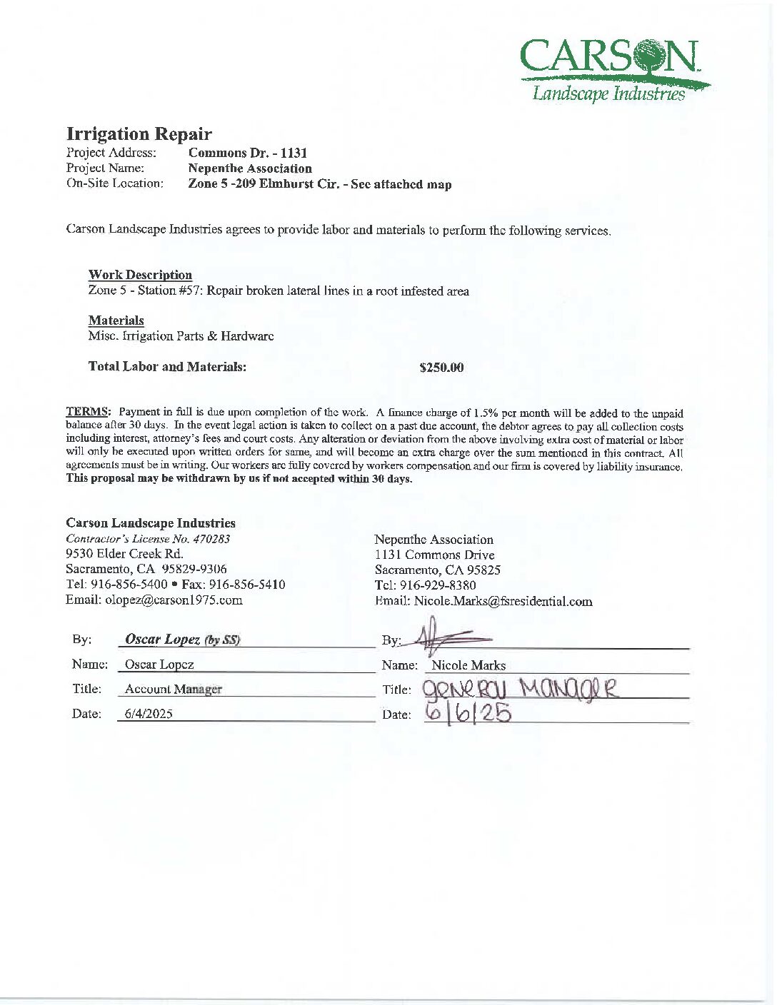 Carson Landscape – Irrigation Repairs – Zone 5, Station 57