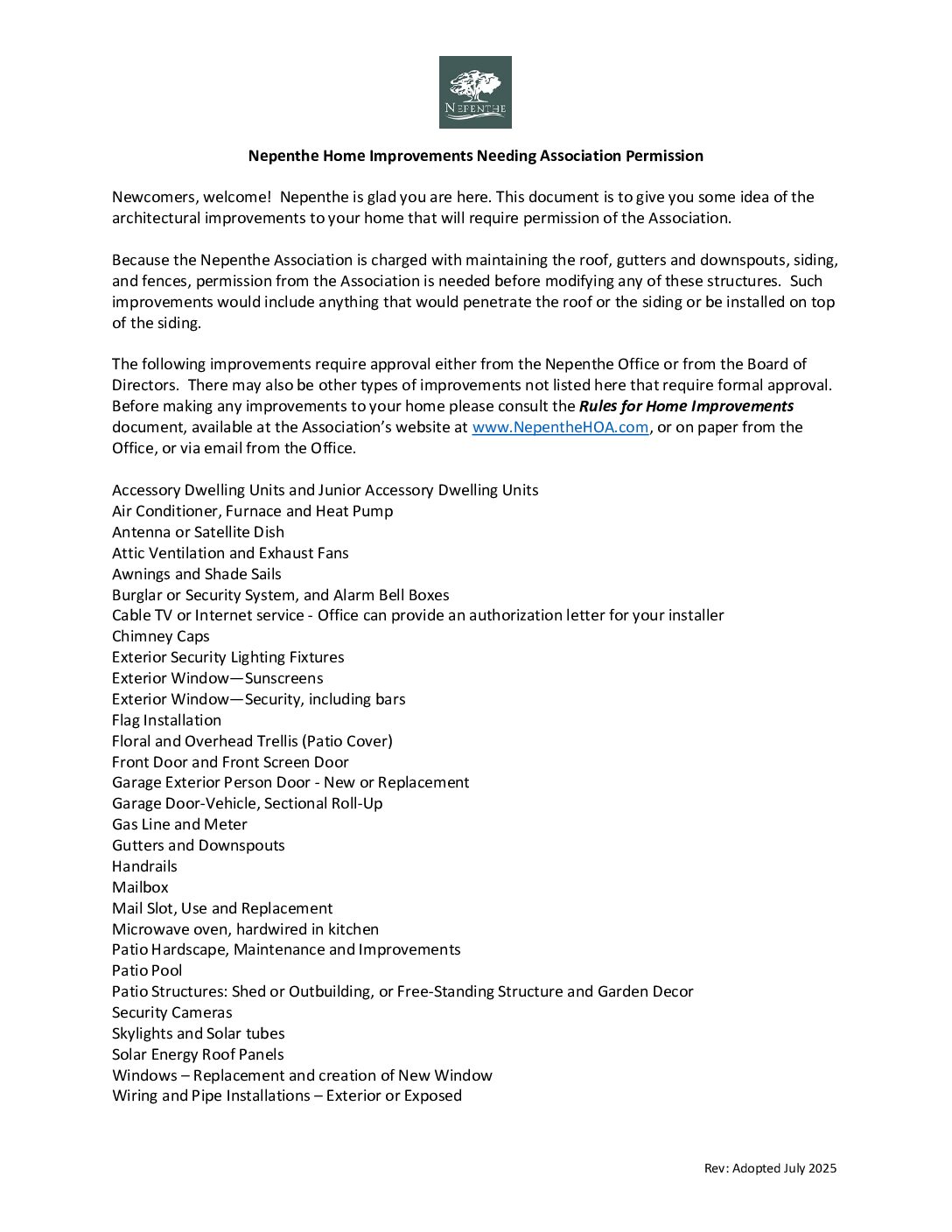 Improvements Needing Permission – Updated July 2025