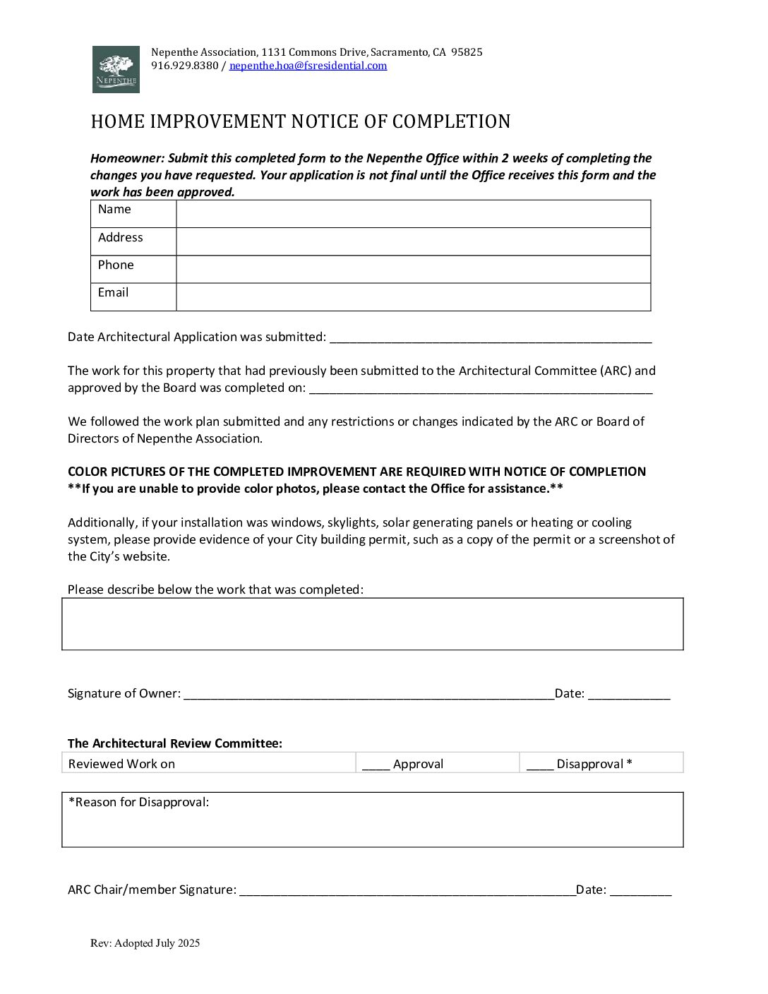 Notice of Completion – Updated July 2025