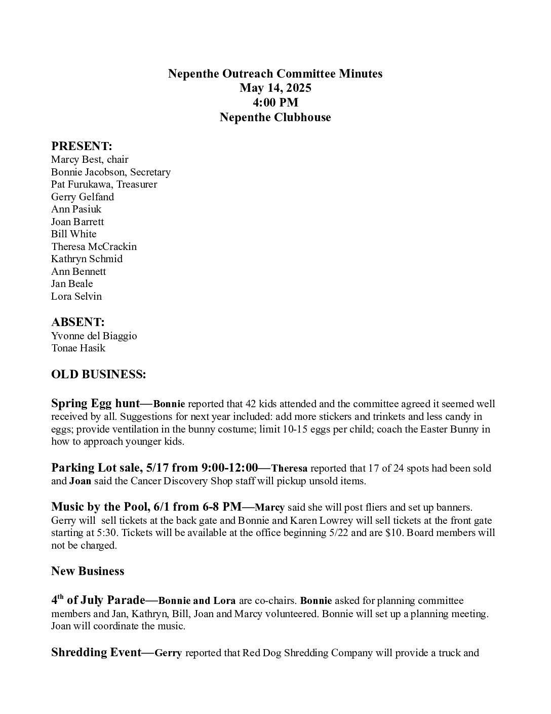 Outreach Committee Minutes – May 2025