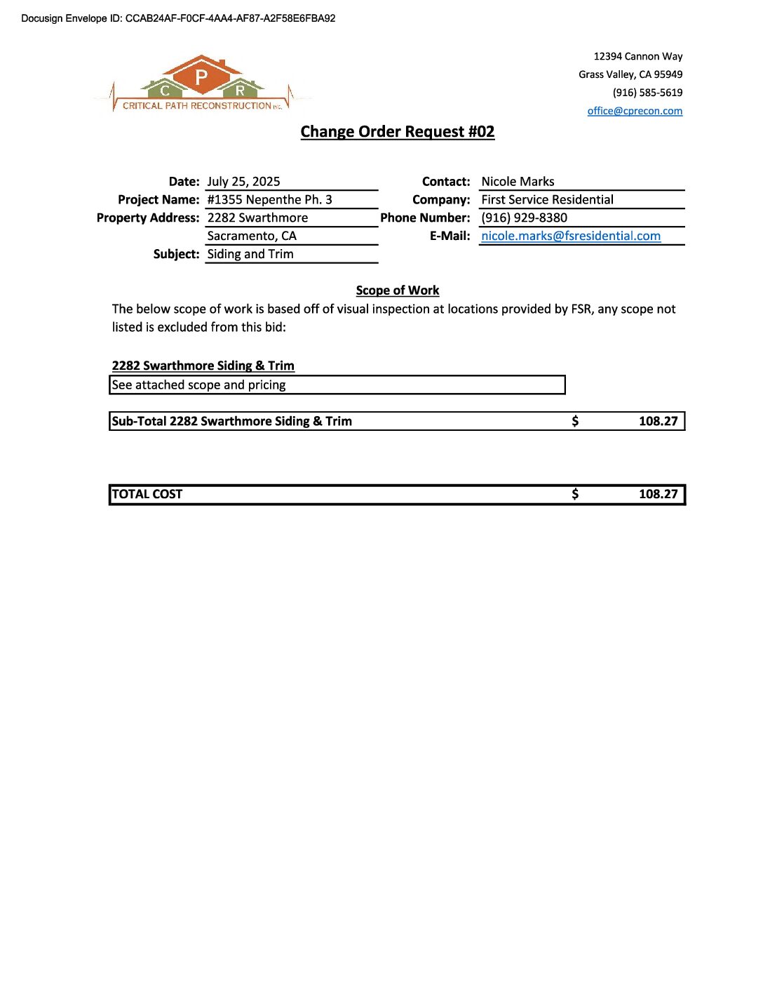 CPR – Phase 3 Change Order – #2
