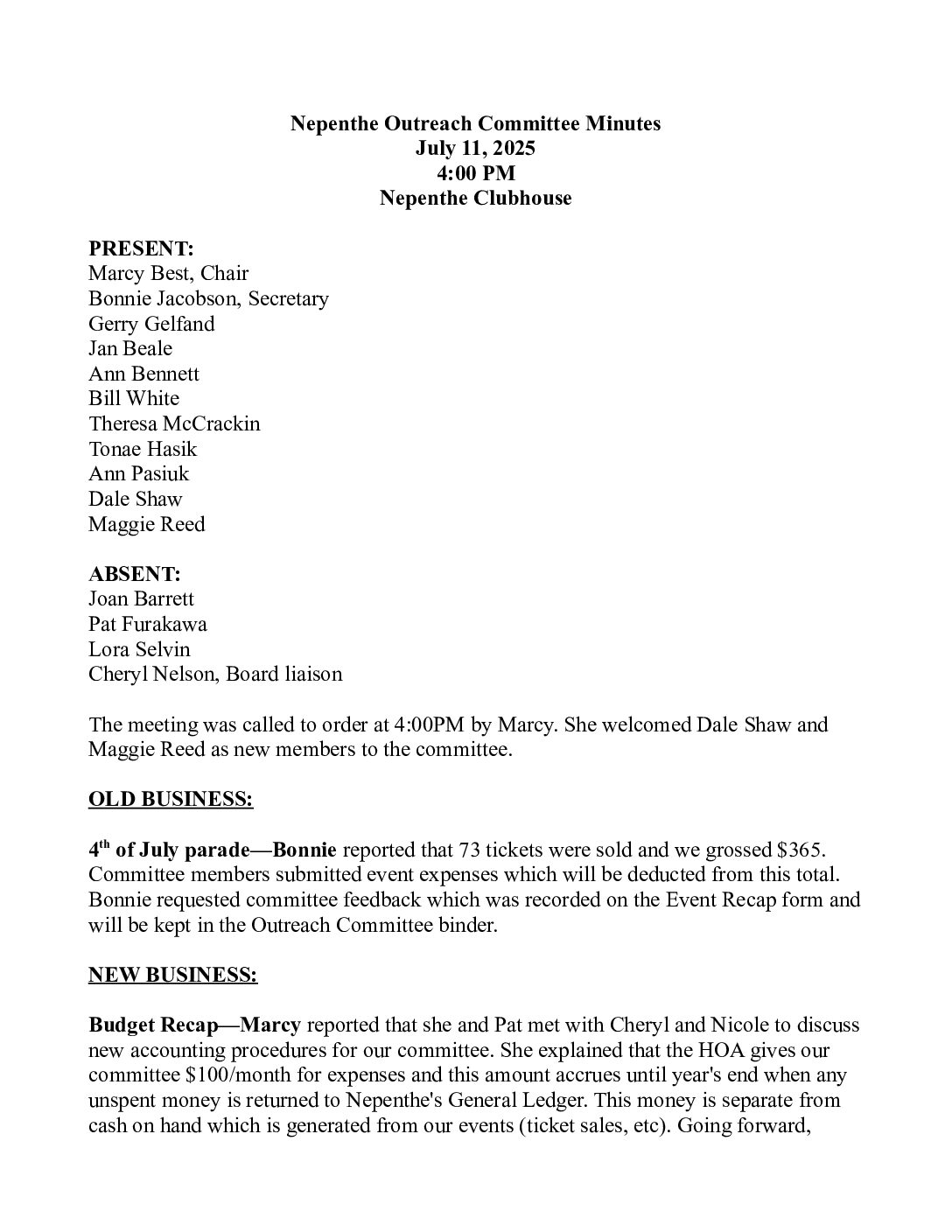 Outreach Committee Minutes – July 2025