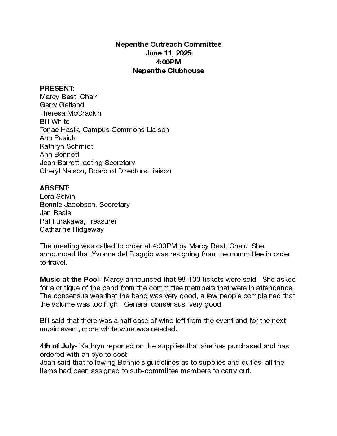 Outreach Committee Minutes – June 2025