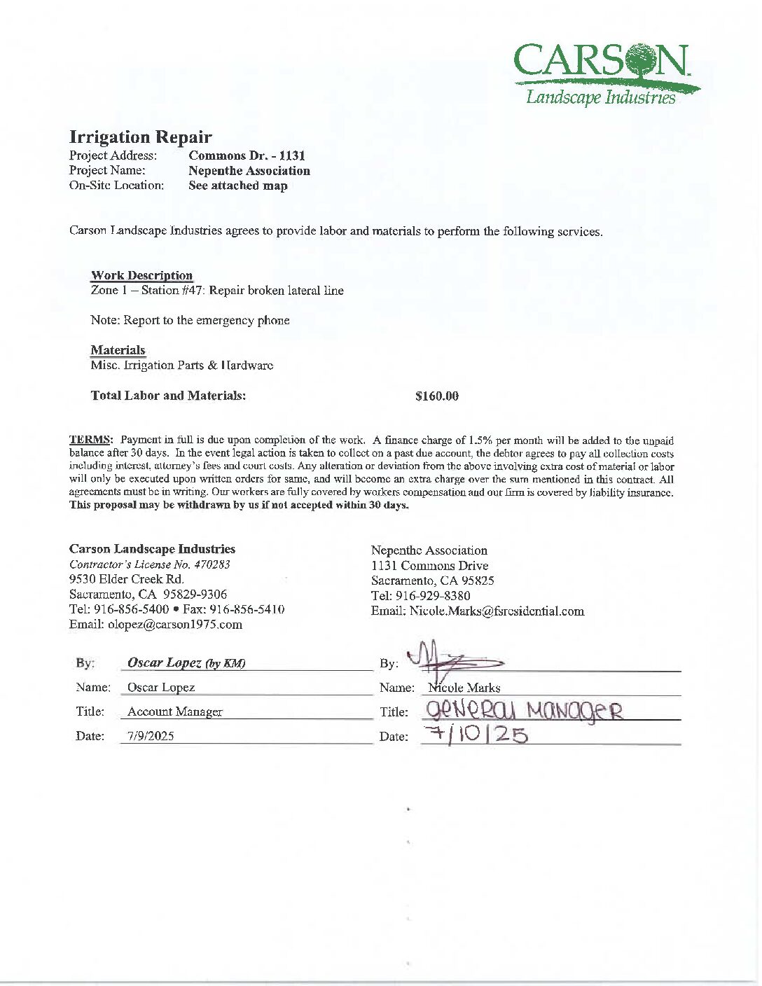 Carson Landscape – Irrigation Repairs – Zone 1, Station 47