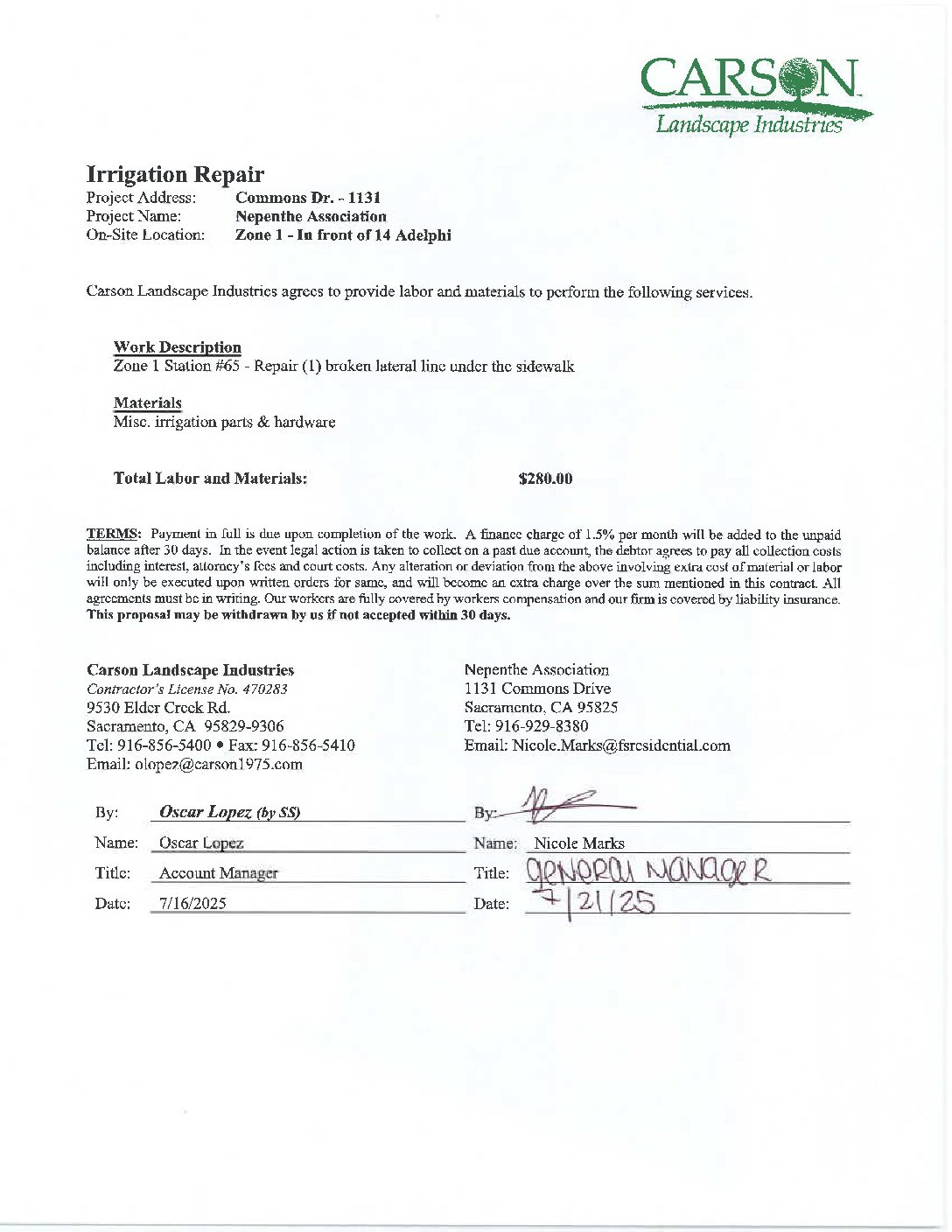 Carson Landscape – Irrigation Repairs – Zone 1, Station 65