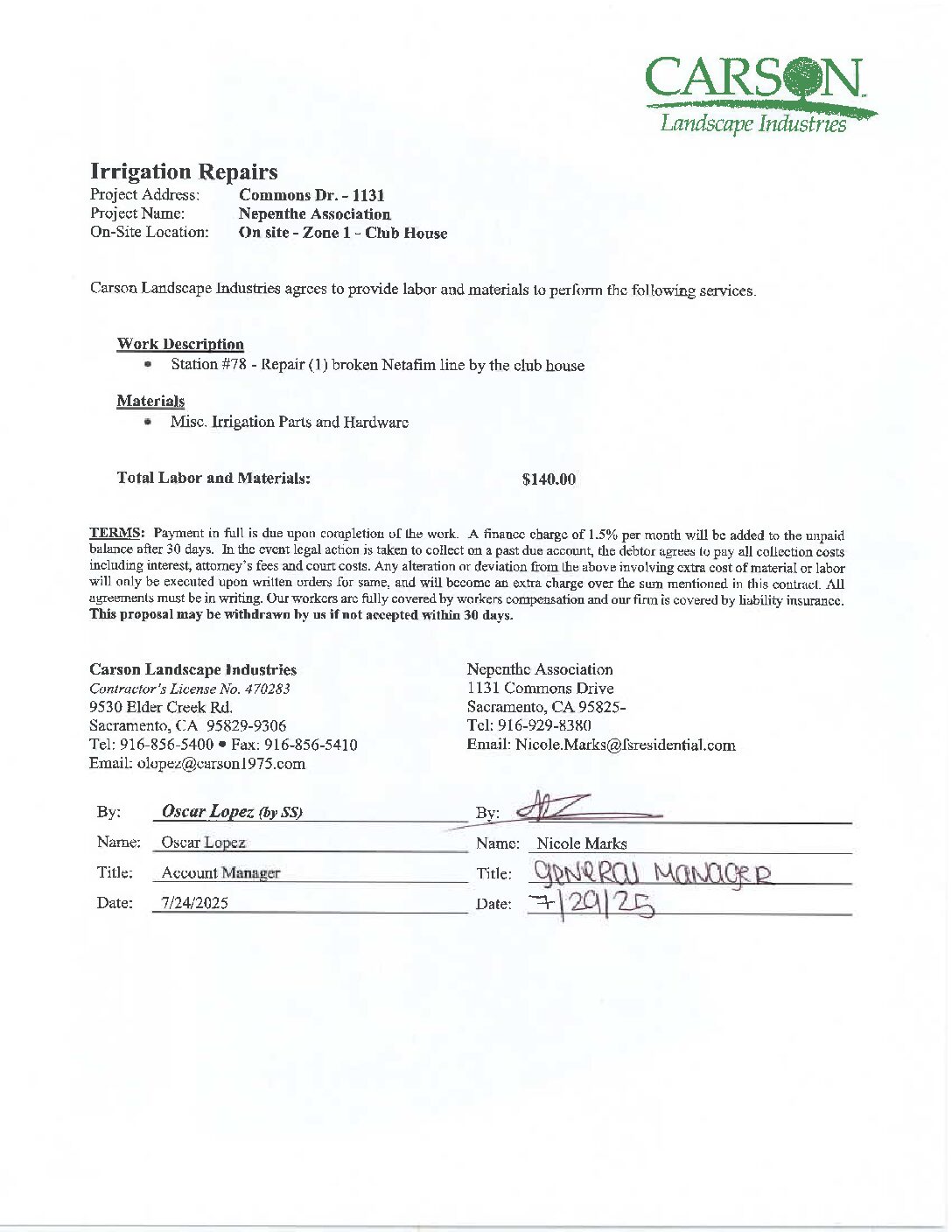 Carson Landscape – Irrigation Repairs – Zone 1, Station 78