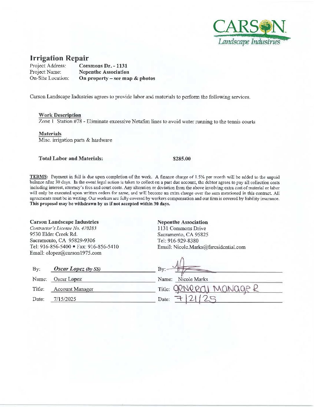 Carson Landscape – Irrigation Repairs – Zone 1, Station 78