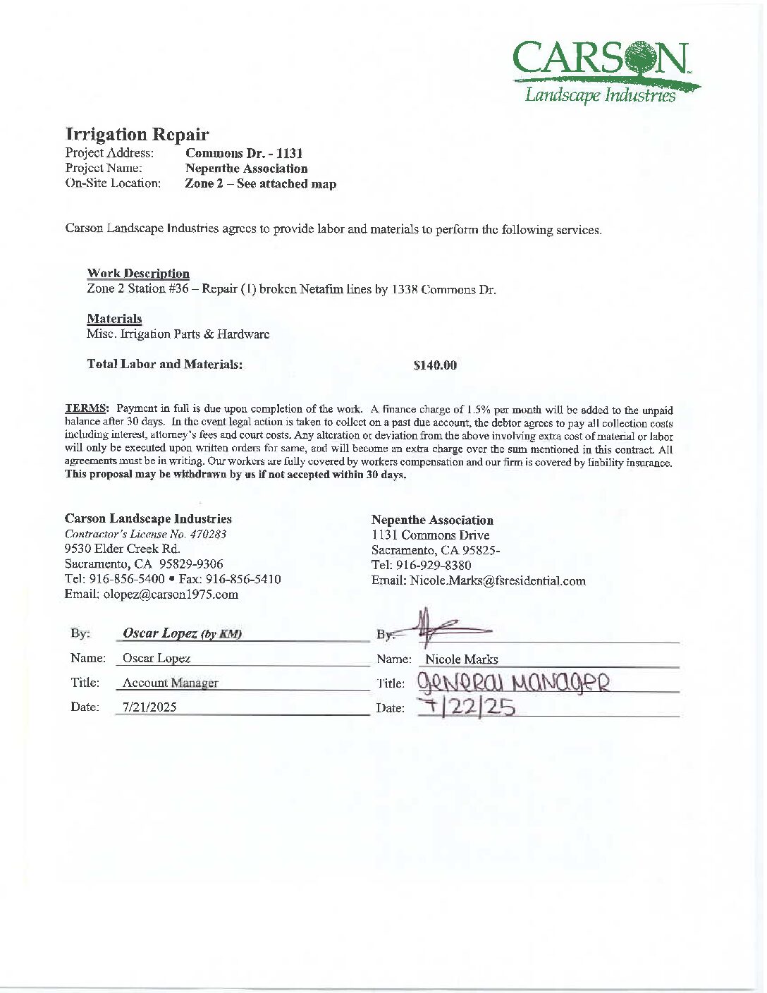 Carson Landscape – Irrigation Repairs – Zone 2, Station 36
