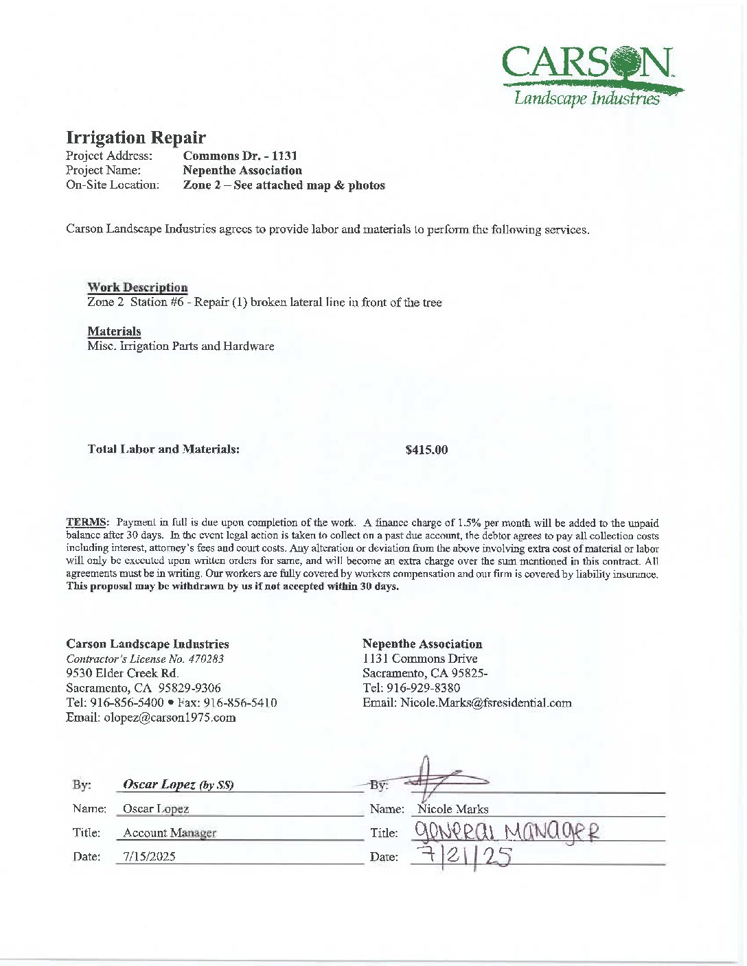 Carson Landscape – Irrigation Repairs – Zone 2, Station 6