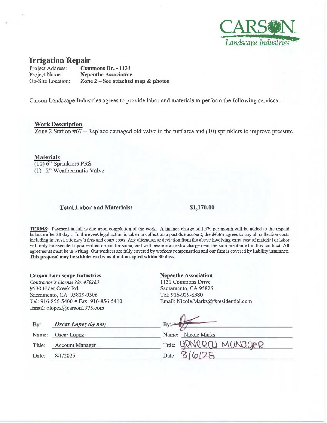 Carson Landscape – Irrigation Repairs – Zone 2, Station 67