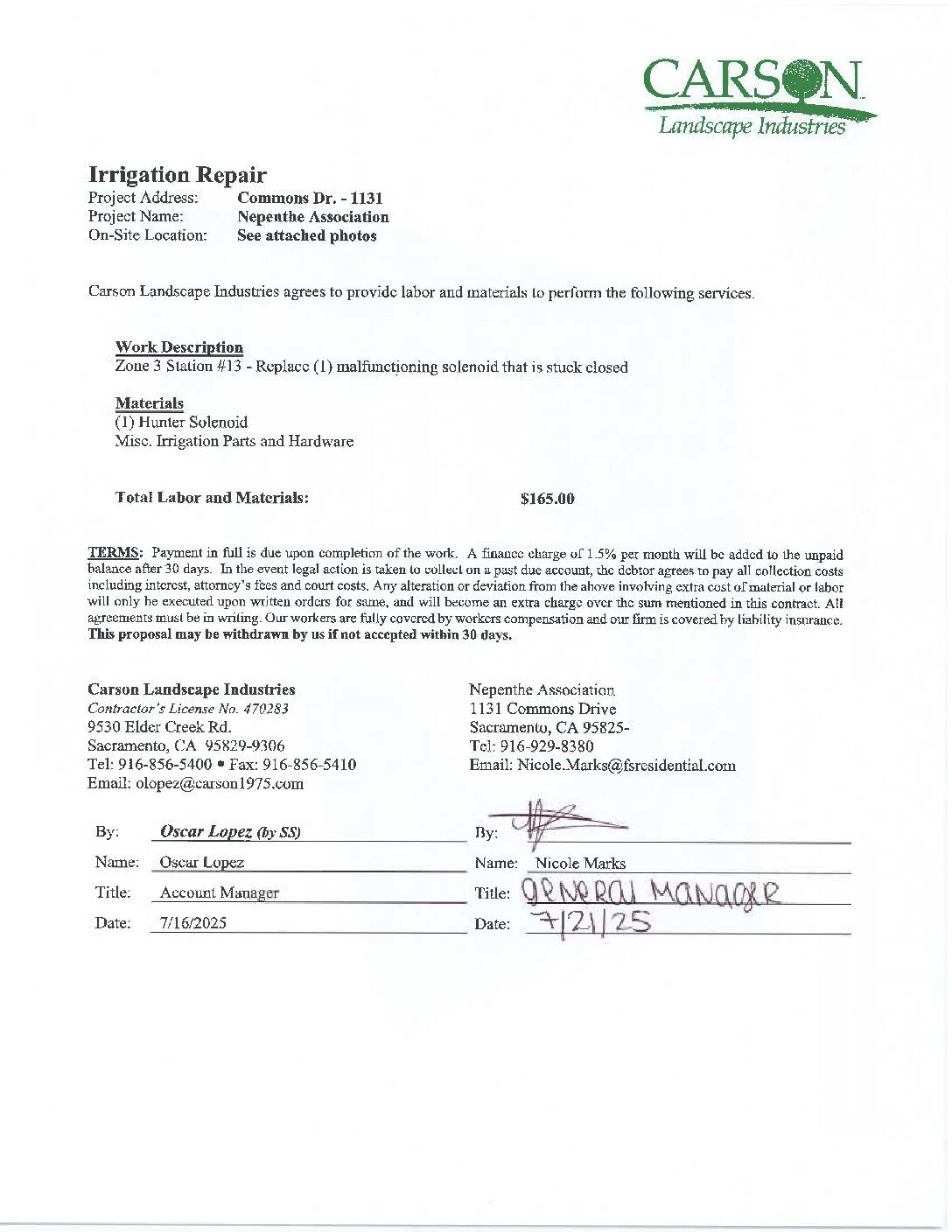 Carson Landscape – Irrigation Repairs – Zone 3, Station 13