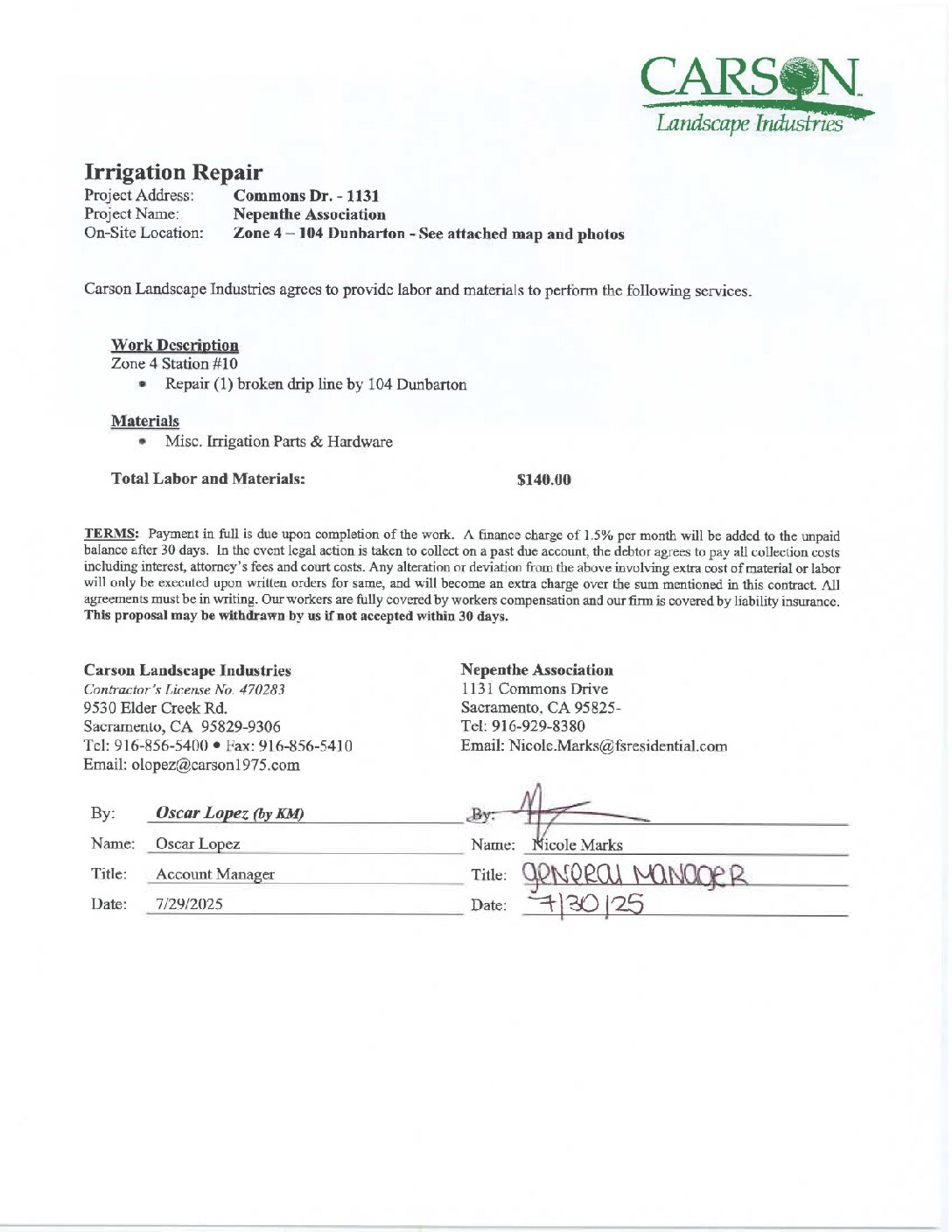 Carson Landscape – Irrigation Repairs – Zone 4, Station 10