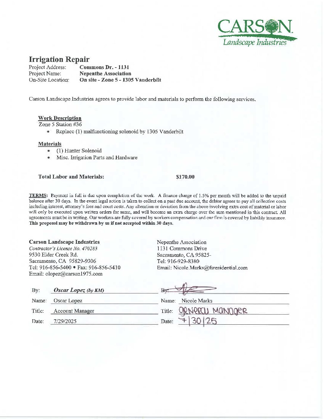 Carson Landscape – Irrigation Repairs – Zone 5, Station 36