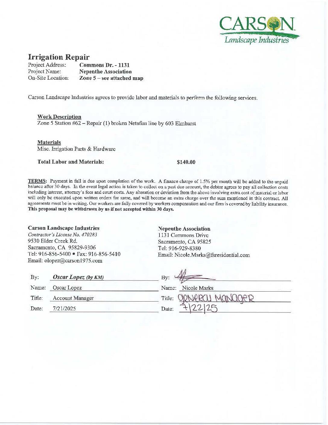 Carson Landscape – Irrigation Repairs – Zone 5, Station 62