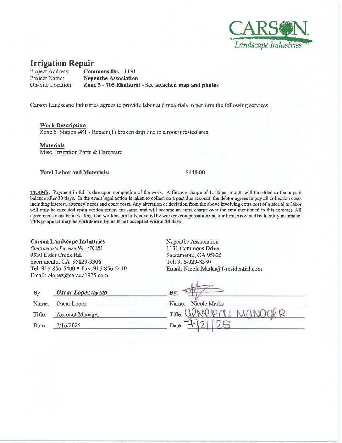 Carson Landscape – Irrigation Repairs – Zone 5, Station 81
