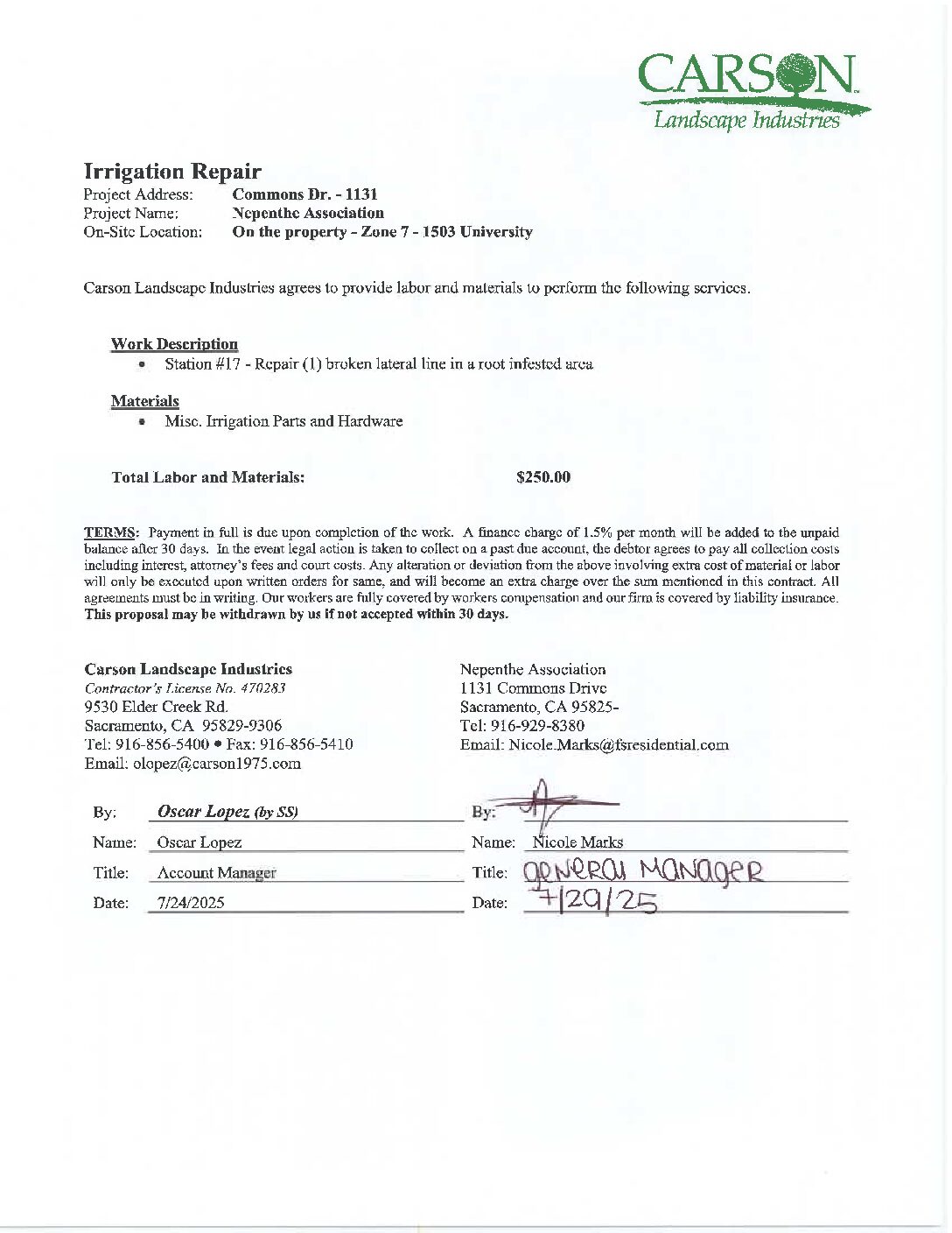 Carson Landscape – Irrigation Repairs – Zone 7, Station 17