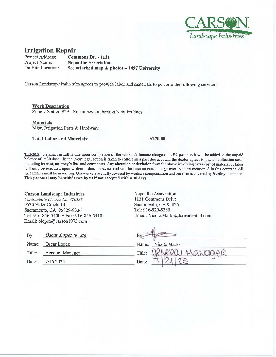 Carson Landscape – Irrigation Repairs – Zone 7, Station 27