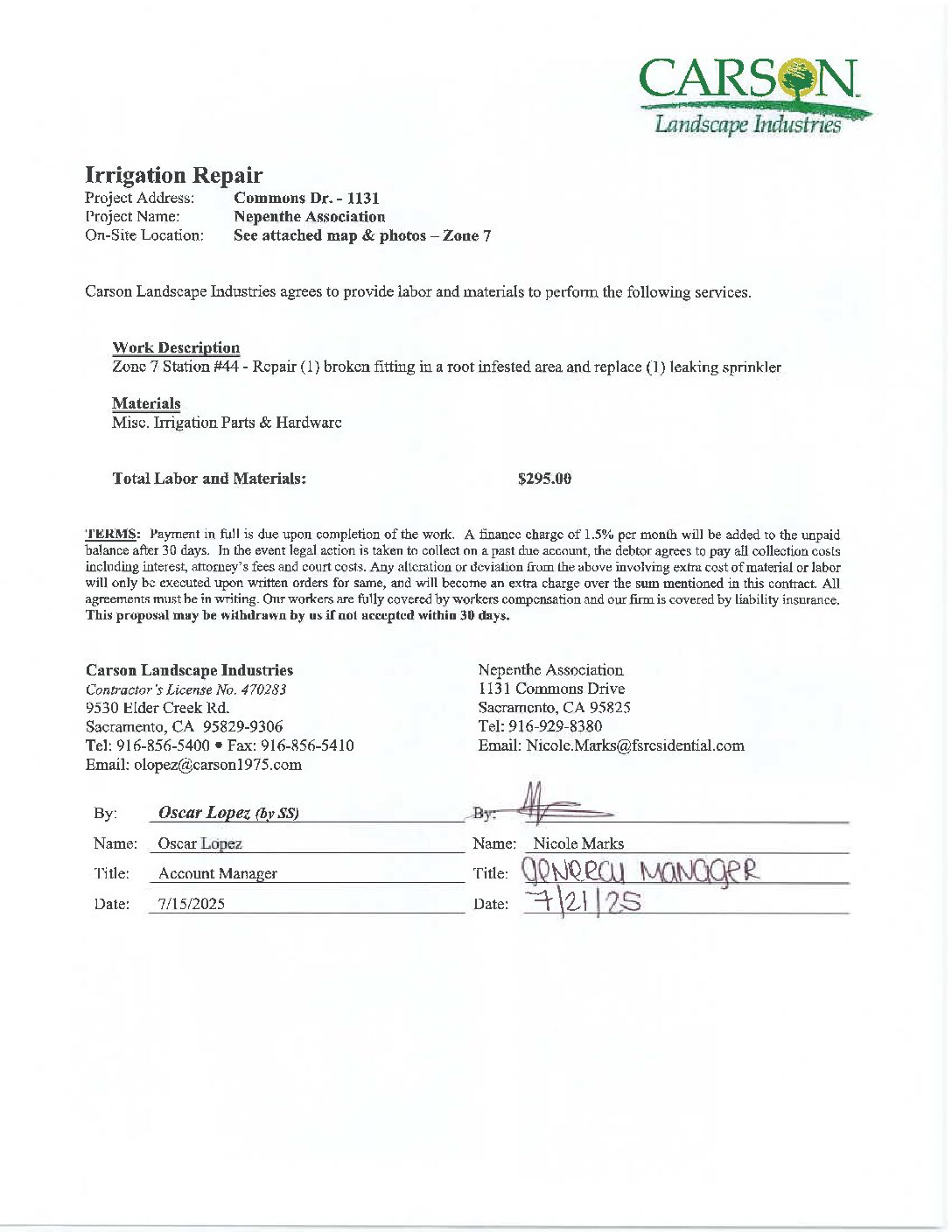 Carson Landscape – Irrigation Repairs – Zone 7, Station 44