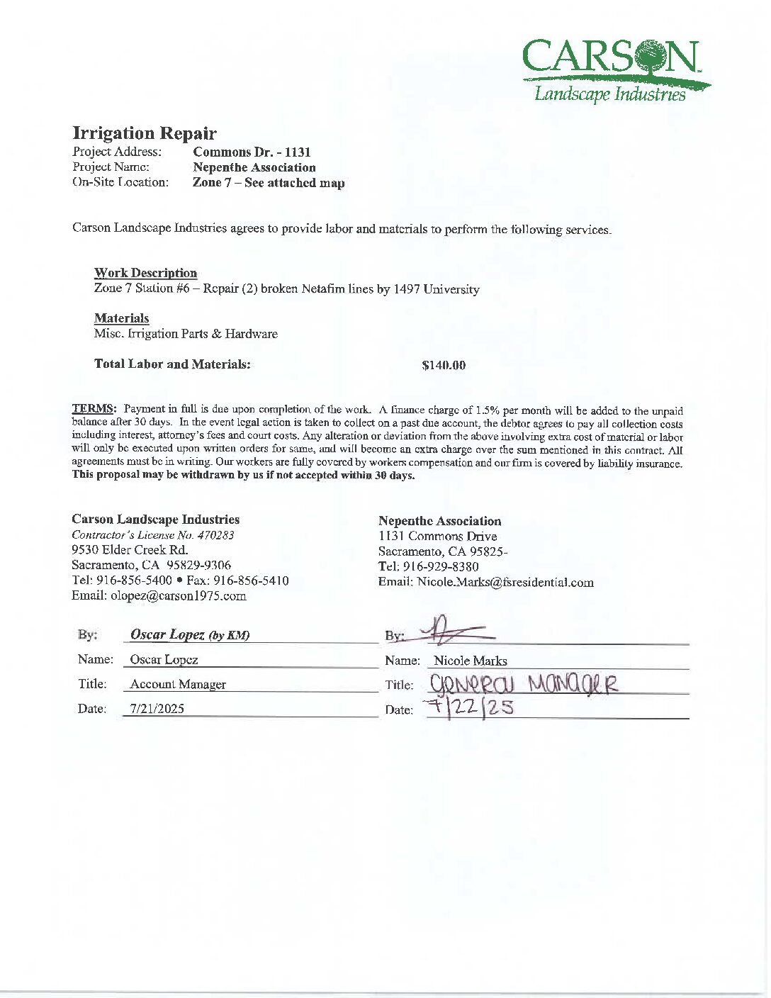 Carson Landscape – Irrigation Repairs – Zone 7, Station 6