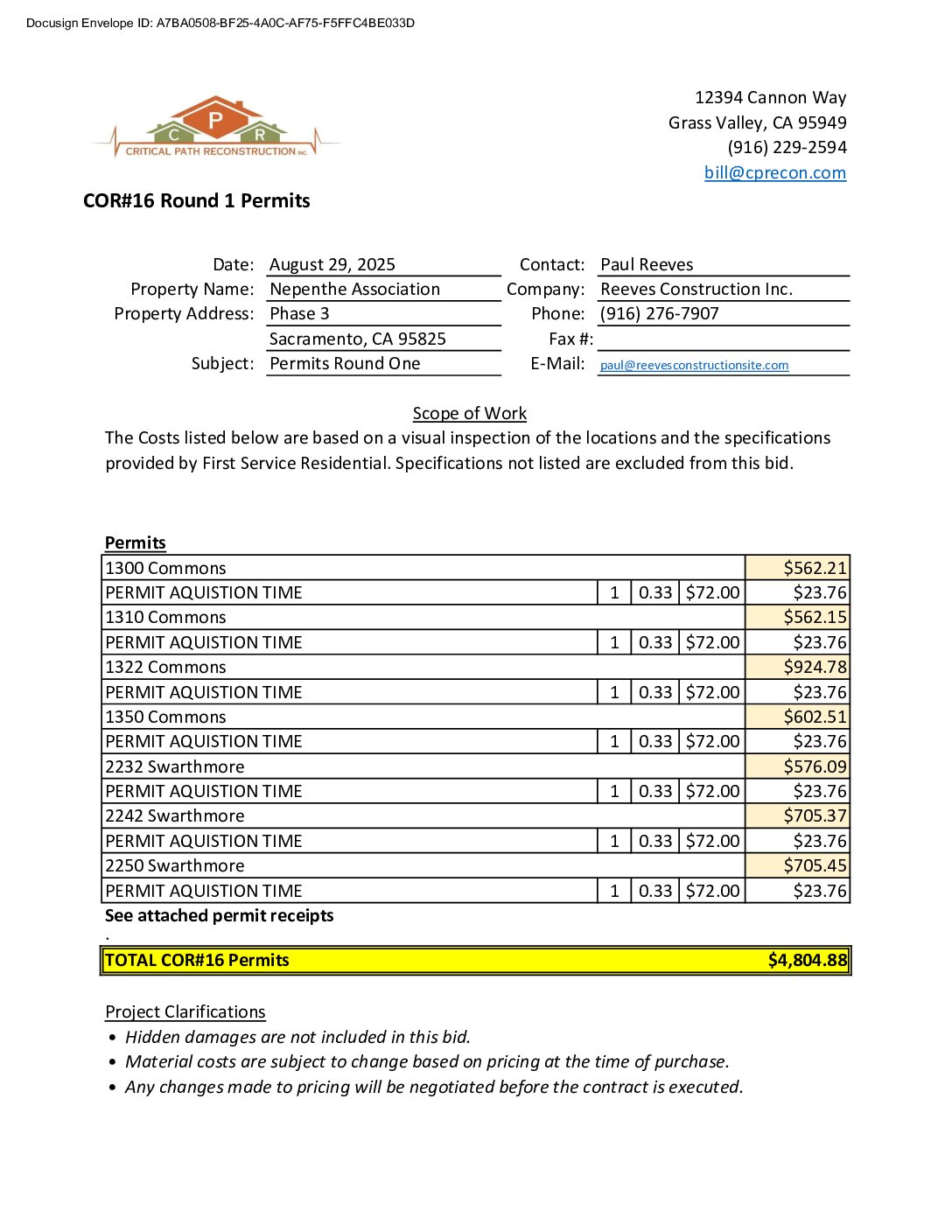 CPR – Phase 3 Change Order – #16