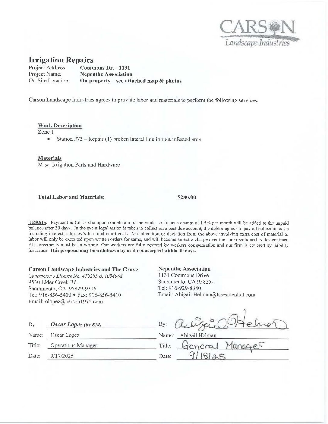 Carson Landscape – Irrigation Repairs – Zone 1, Station 73