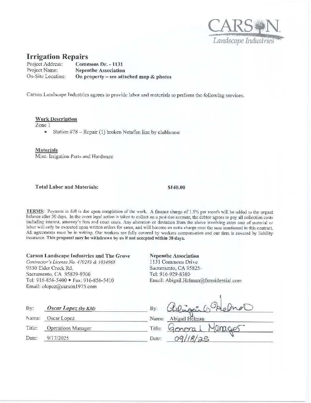 Carson Landscape – Irrigation Repairs – Zone 1, Station 78