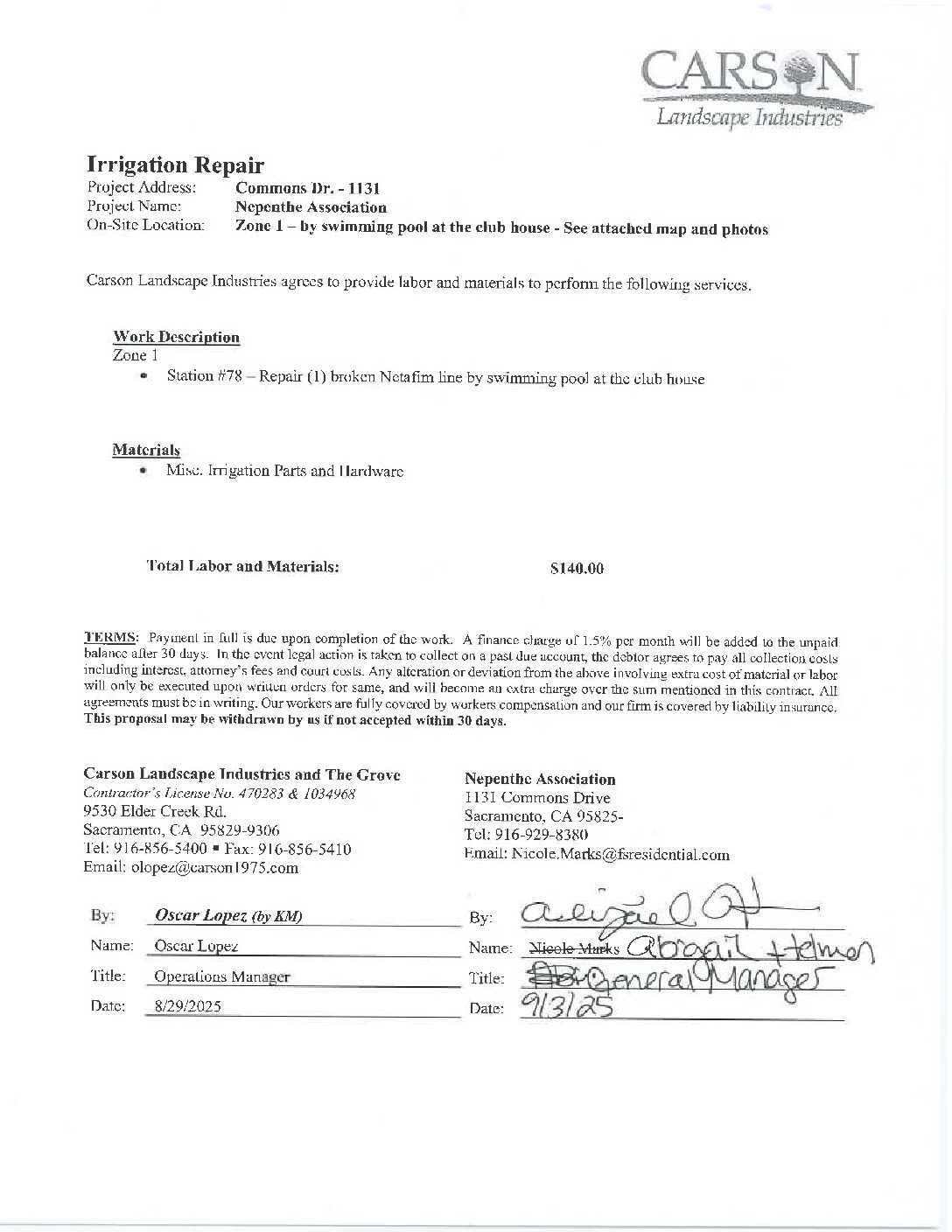 Carson Landscape – Irrigation Repairs – Zone 1, Station 78