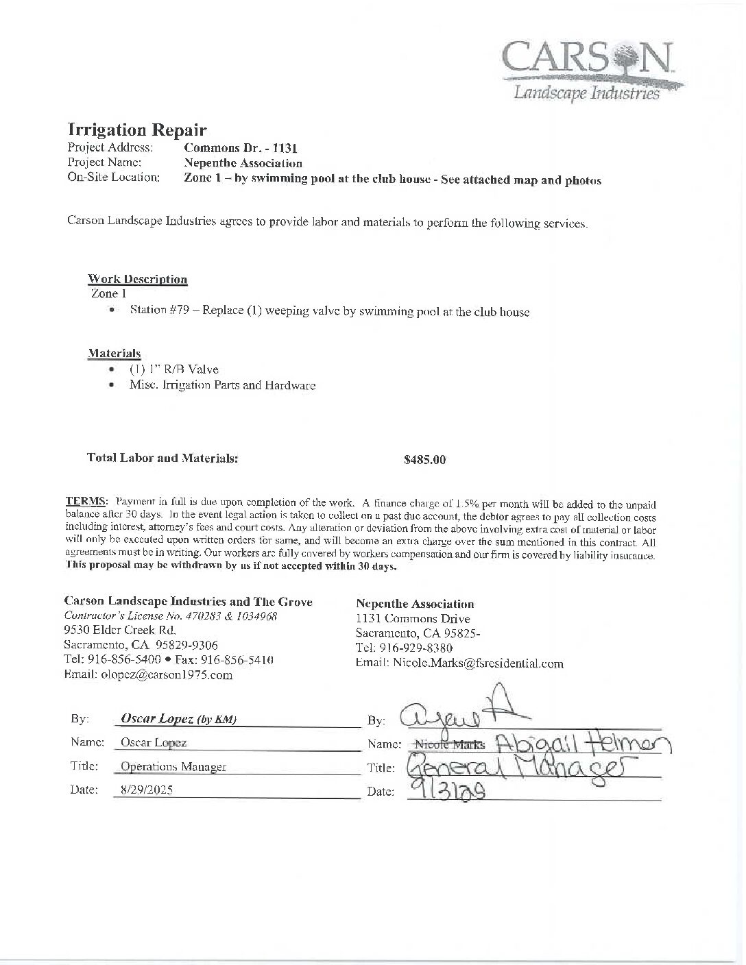 Carson Landscape – Irrigation Repairs – Zone 1, Station 79