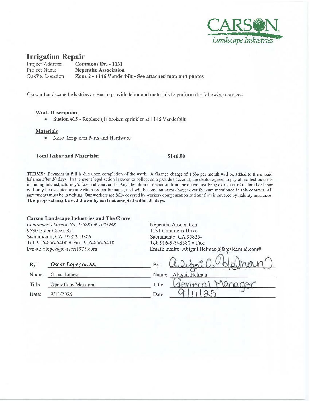 Carson Landscape – Irrigation Repairs – Zone 2, Station 15