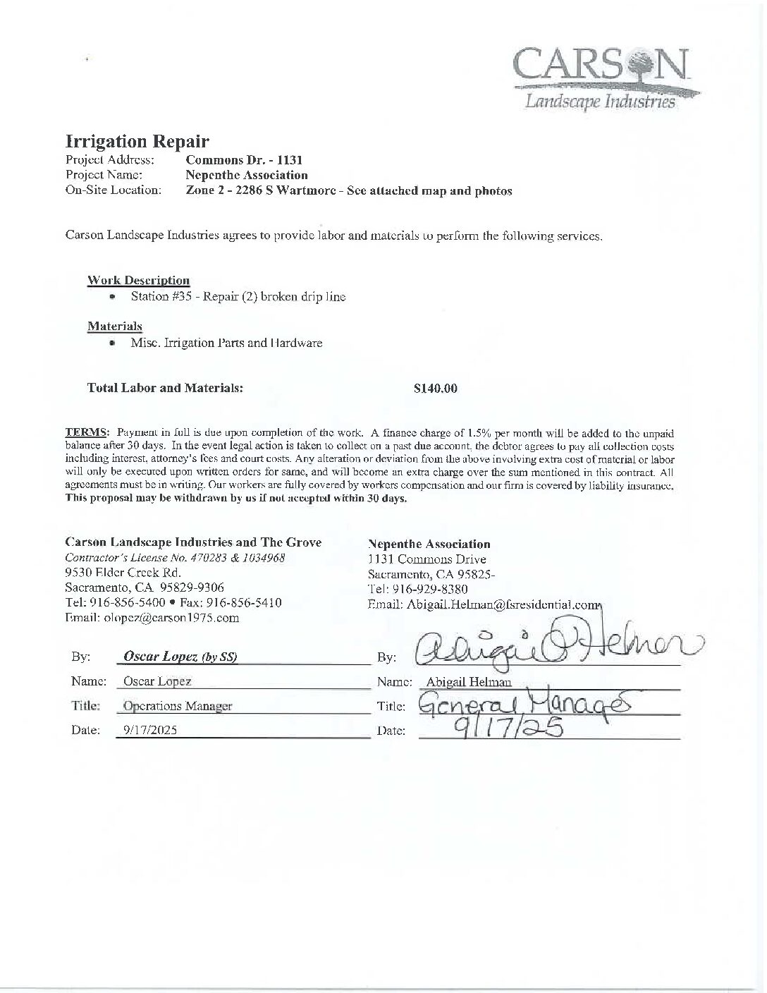 Carson Landscape – Irrigation Repairs – Zone 2, Station 35