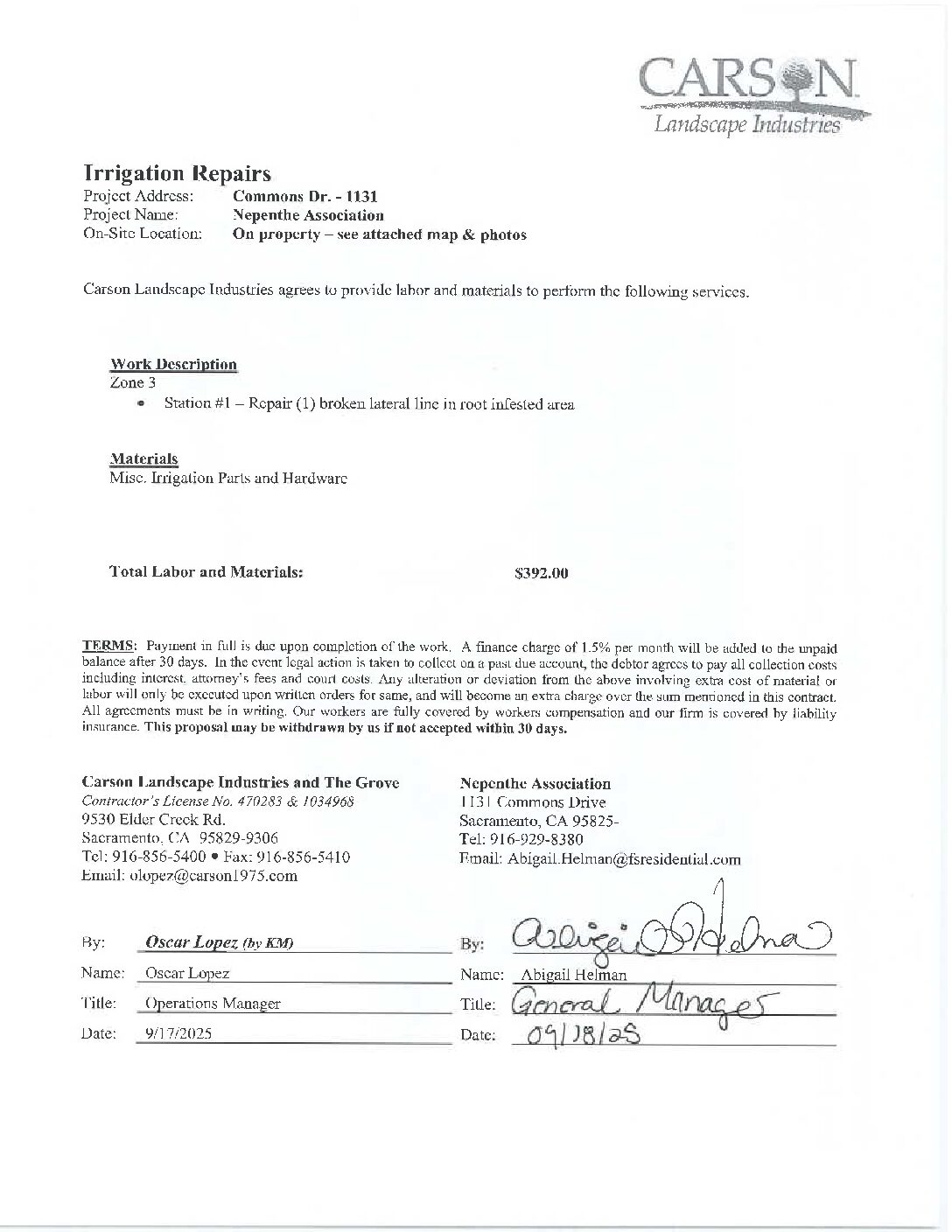 Carson Landscape – Irrigation Repairs – Zone 3, Station 1