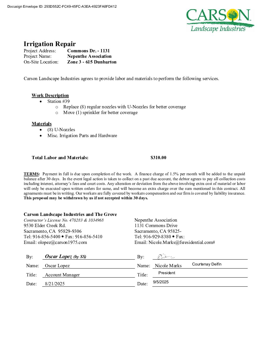 Carson Landscape – Irrigation Repairs – Zone 3, Station 39