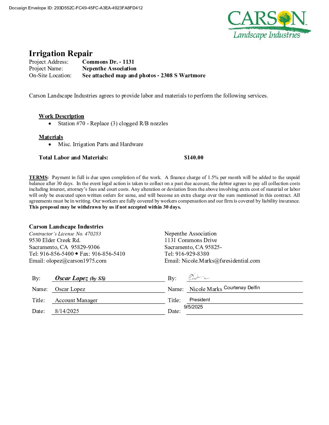 Carson Landscape – Irrigation Repairs – Zone 3, Station 70