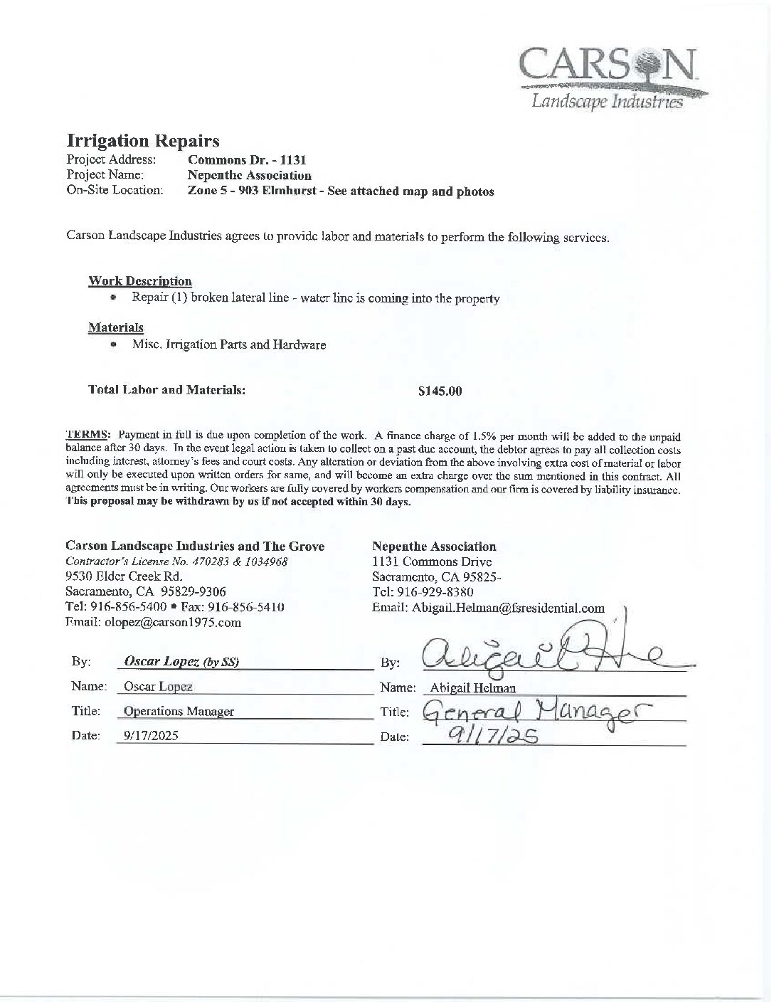 Carson Landscape – Irrigation Repairs – Zone 5, 903 Elm