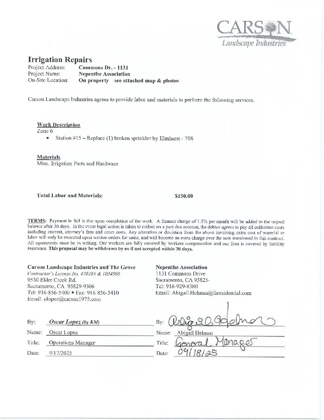 Carson Landscape – Irrigation Repairs – Zone 6, Station 15