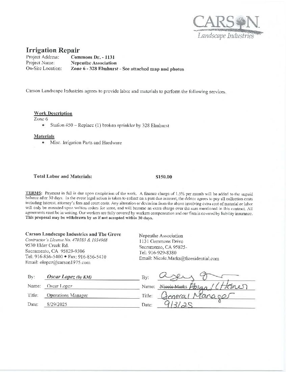 Carson Landscape – Irrigation Repairs – Zone 6 , Station 50