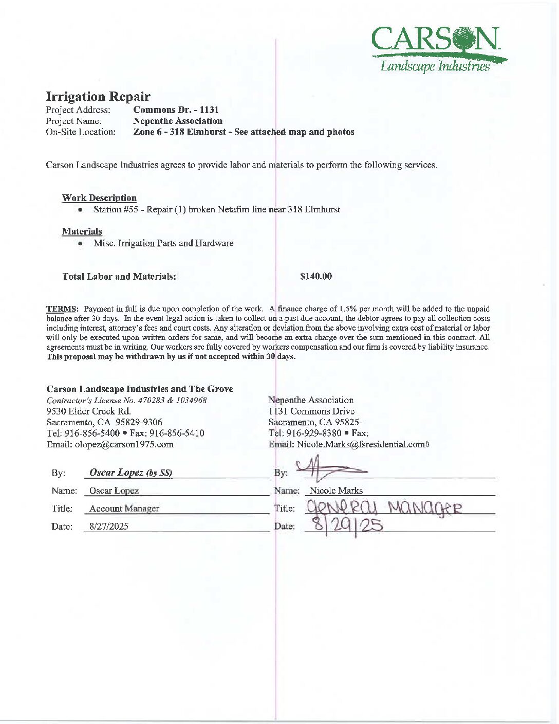 Carson Landscape – Irrigation Repairs – Zone 6, Station 55