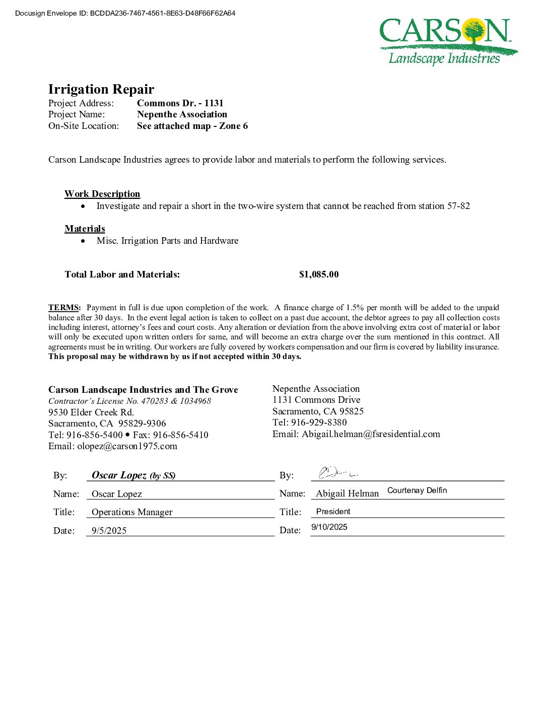 Carson Landscape – Irrigation Repairs – Zone 6, Station 57 – 82